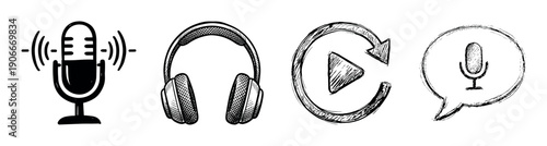 Set of hand-drawn podcast icons including a microphone, headphones, replay button, and speech bubble, created in a black and white sketch or doodle illustration style