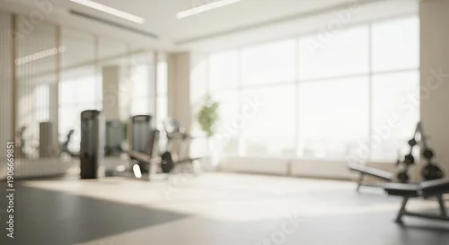 Panel kuchenny z motywem Minimalist gym interior featuring fitness equipment and soft daylight streaming through windows.