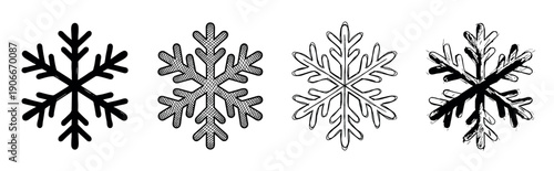Set of four hand-drawn black snowflakes in various artistic styles including silhouette, outline, sketch, and crosshatch for winter holiday and Christmas decoration