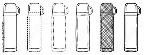 Set of six thermos bottle illustrations in a row, showcasing various black and white line art styles including solid, dashed, dotted, sketchy, and cross-hatch textures