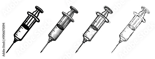 Four hand-drawn medical syringes in various sketch styles, showing a progression from a simple icon to a detailed cross-hatch illustration and a loose doodle drawing