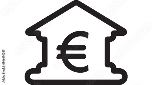 Bank euro symbol icon with simple design and monetary theme, black outline featuring finance, money, currency with financial institution and banking elements for eurozone, economy projects, clean