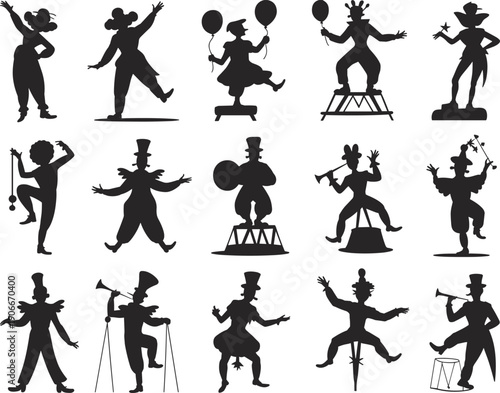 Vector, black, silhouette, illustration, set, of, various, circus, performers, including, clowns, acrobats, 