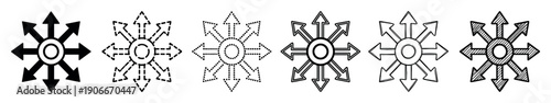 Set of six black arrow icons pointing in all directions from a central point, a versatile collection of graphic symbols with solid, dashed, dotted, and hand-drawn styles