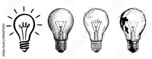 Set of four hand-drawn light bulbs in various sketch styles representing creativity, innovation, and the evolution of an idea from a simple concept to a global solution