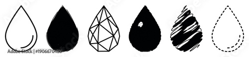 Set of six black hand-drawn drop icons in various artistic styles including outline, solid, geometric, grunge, scribble, and dashed line for graphic design elements