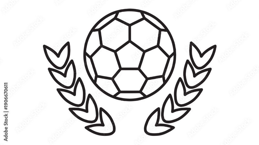 Obraz premium Soccer ball icon with laurel wreath leaves in simple black outline, sports award emblem style, minimal line art symbol for football tournament badge logo