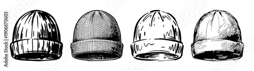 Four hand-drawn black and white beanie hats in a row, showcasing different sketch and ink illustration styles for winter fashion and headwear accessory concepts