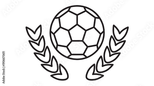Soccer ball icon with laurel wreath leaves in simple black outline, sports award emblem style, minimal line art symbol for football tournament badge logo