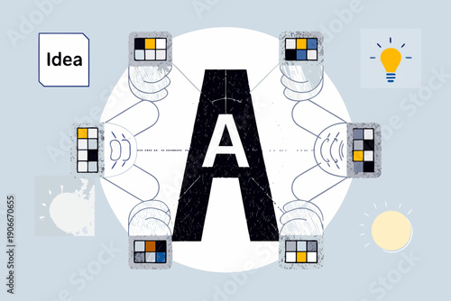 Conceptual image featuring a large letter a surrounded by connected elements