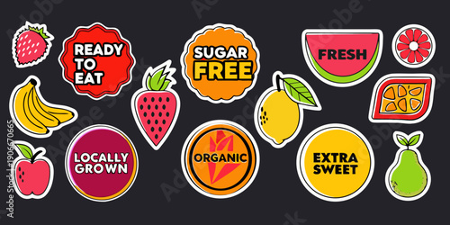 Colorful fruit stickers with labels promoting freshness and organic qualities