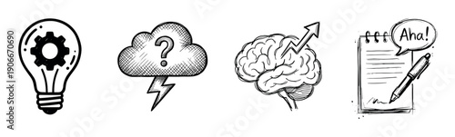 Four hand-drawn doodle icons representing brainstorming concepts, including a lightbulb with a gear, a problem cloud, a growing brain, and an aha moment on a notepad