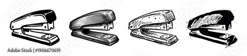 Four hand-drawn black and white stapler illustrations presented in a row, showcasing different sketchy, graphic ink styles with various hatching and shading techniques