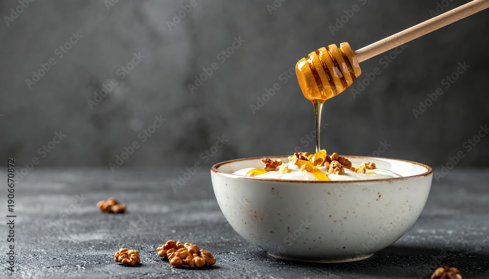 Fototapeta premium Delicious and healthy breakfast bowl with yogurt, walnuts, and a drizzle of golden honey