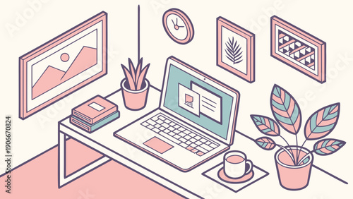 Modern Home Office Desk Workspace Vector Illustration