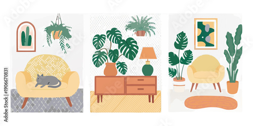 Stylized interior scene featuring furniture plants and decorative wall art