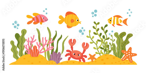 Colorful cartoon fish swim amongst coral plants and a red crab
