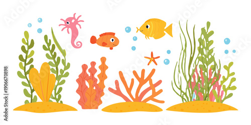 Colorful underwater scene featuring seahorses fish coral and aquatic plants