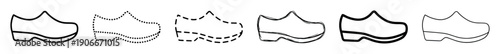 Set of traditional wooden clog shoe icons presented in various outline styles including solid, dashed, dotted, sketchy, and bold for graphic design elements