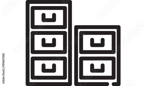 Filing cabinets set with drawers and handles, simple black icon design featuring office supplies, storage, organization with vector and graphic elements for minimalist, ui projects, clean composition