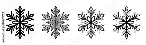 Set of four black hand-drawn snowflakes showing different artistic styles, including silhouette, hatching, and rough sketch for winter holiday decoration and graphic design