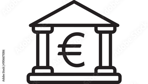 Bank euro icon with classical columns and roof, simple black outline pictogram for finance, savings, payments, currency exchange, accounting apps and web UI