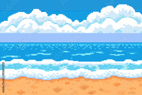 Pixelated landscape depicting a beach ocean and cloudy blue sky