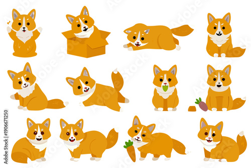 Collection of adorable corgi illustrations in various playful poses