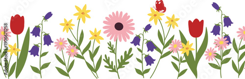 Colorful Wildflower Meadow Border With Red Tulips Pink Daisies Blue Bellflowers Yellow Stars and Red Butterfly for Summer Nature Garden Design, cad drawing flat vector illustration