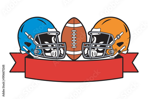 American football with two helmets and red banner, vector sports illustration, blue and orange helmets, game day promotional design
