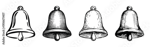 Four hand-drawn black and white bells in a sketch style, a collection of illustrated icons showing different hatching and line art techniques for a classic look