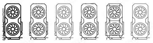 Six video card illustrations in different line art styles including clean, dashed, dotted, and sketchy outlines, representing computer hardware and gaming components