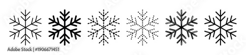 Set of six black snowflake icons in various graphic styles including thin line, bold, dashed, dotted, and hand-drawn for winter holiday and weather concepts