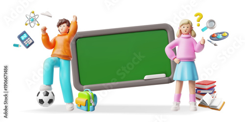 3D banner of happy schoolchildren with backpacks, books, and a ball near a blank chalkboard.