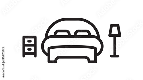 Bedroom furniture set with bed, nightstand and lamp icon in simple black line style featuring minimalist, modern, home with decor and interior elements for design, vector projects, clean composition