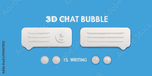 Three dimensional chat bubbles with is writing indicator on blue backdrop