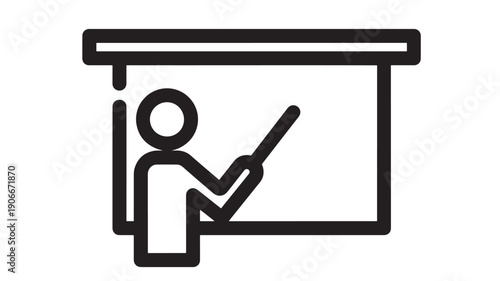 Teacher presentation icon with person pointing at classroom board, simple black outline pictogram for education, training seminar, lecture, workshop and e-learning apps