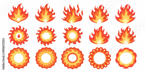 A collection of cartoon fire sprites in various shapes and sizes