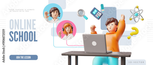 Online school 3D vector landing page, schoolboy with laptop studying lesson with teachers, distance learning education