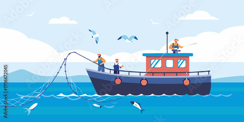 A colorful illustration of a fishing boat with fishermen at sea