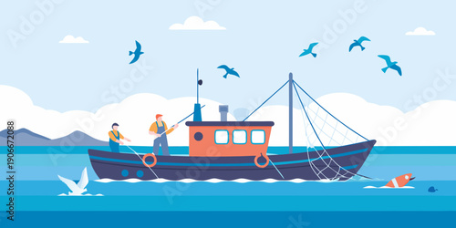 A cheerful illustration of a small fishing boat with two fishermen at sea