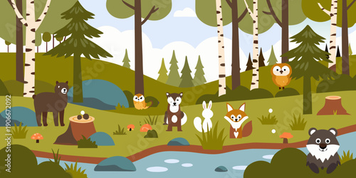 A colorful illustration depicts various forest animals in their natural habitat