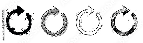 Four black circular arrow icons in different hand-drawn styles including grunge ink, halftone, doodle sketch, and cross-hatching for concepts like refresh, reload, and repeat