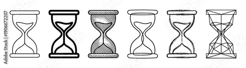 Set of six black hourglass icons in various artistic styles including line art, sketch, geometric, and bold outline, representing time measurement and deadlines