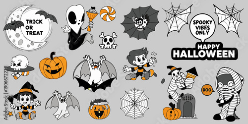 A playful halloween illustration featuring ghosts pumpkins bats and candy