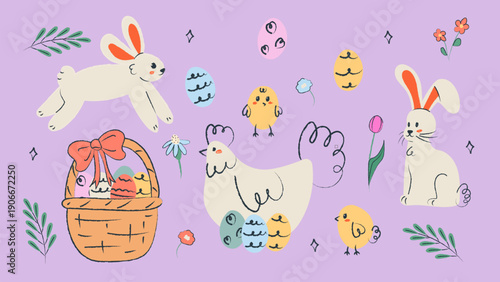 Cute Easter sticker set with a hand drawn bunny, chicken, basket and decorated Easter eggs on a pastel background. Playful flat illustration perfect for holiday cards, spring designs, children’s proje