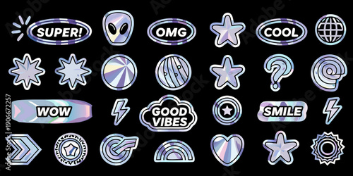 Collection of holographic sticker patches with trendy expressions and symbols