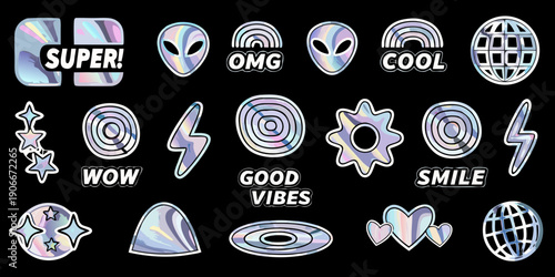Iridescent patches featuring aliens lightning and playful text designs
