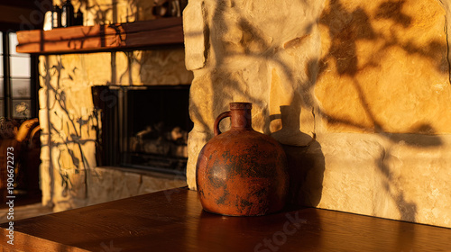 flagon. Antique flagon on wooden table near stone fireplace in rustic interior. lifestyle magazines, social media lookbooks, designed for influencer and brand collaborations.
