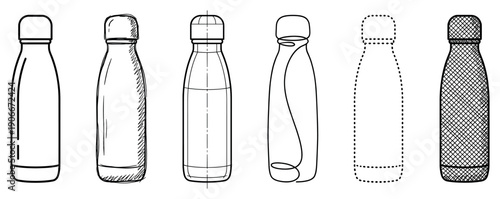 Set of six reusable water bottle illustrations showing various artistic styles like line art, hand-drawn sketch, technical drawing, abstract contour, and dotted outline
